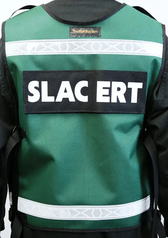 Green emergency response vest with SLAC ERT, reflective stripes, and cord lock for EMS Radio Vest