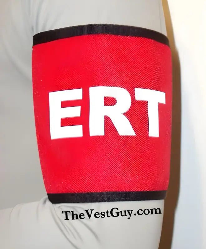 Custom red armband with ERT text and TheVestGuy.com printed on it