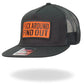 Black mesh trucker snapback hat- GSH2010 with orange patch and bold text from Hot Leathers