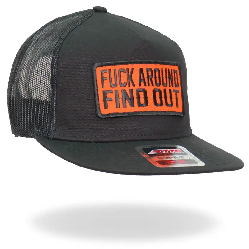 Black mesh trucker snapback hat- GSH2010 with bold orange patch and text. Hot Leathers