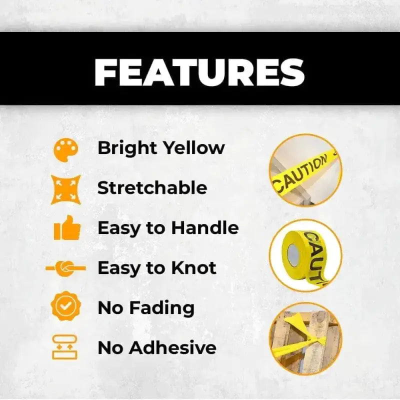 Feature list highlighting WOD Barricade Flagging Tape for hazardous areas with bright yellow durability