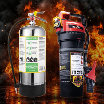 E-FireX and RUSOH fire extinguishers in front of flames and smoke