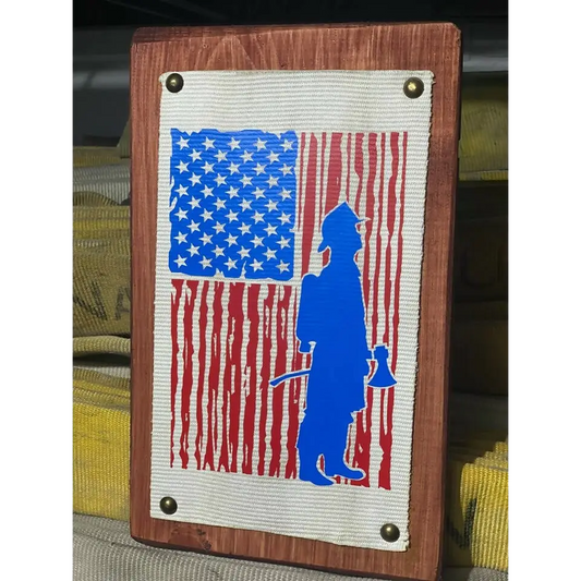 Fire Hose Sign with Firefighter and Flag - Chief Miller Apparel