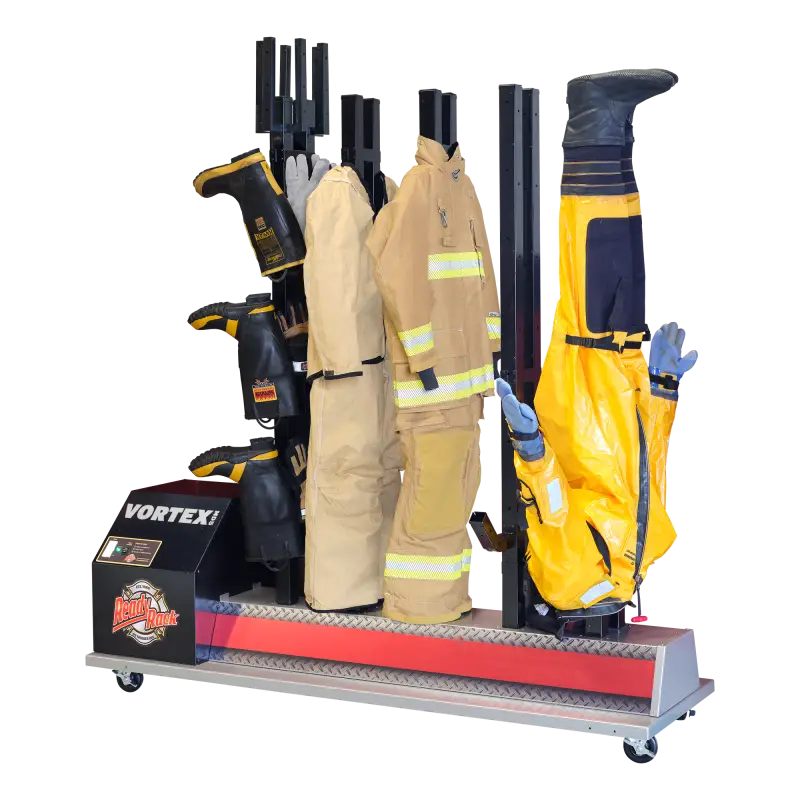 Firefighter turnout gear drying on Vortex MD5 Mobile Dryer turnout gear uprights