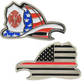 Firefighter challenge coin with Maltese Cross, helmet bottle opener, American flag design