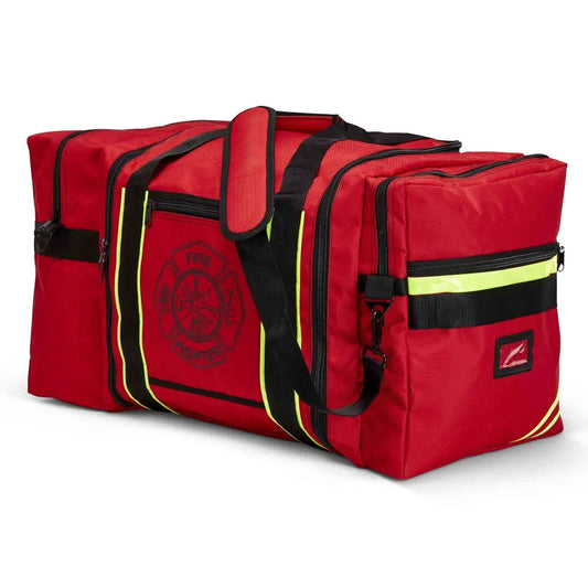 Red duffel bag with black straps and yellow accents for Firefighter Jumbo Turnout Gear