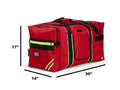 Red firefighter jumbo turnout gear bag with reflective stripes and black straps