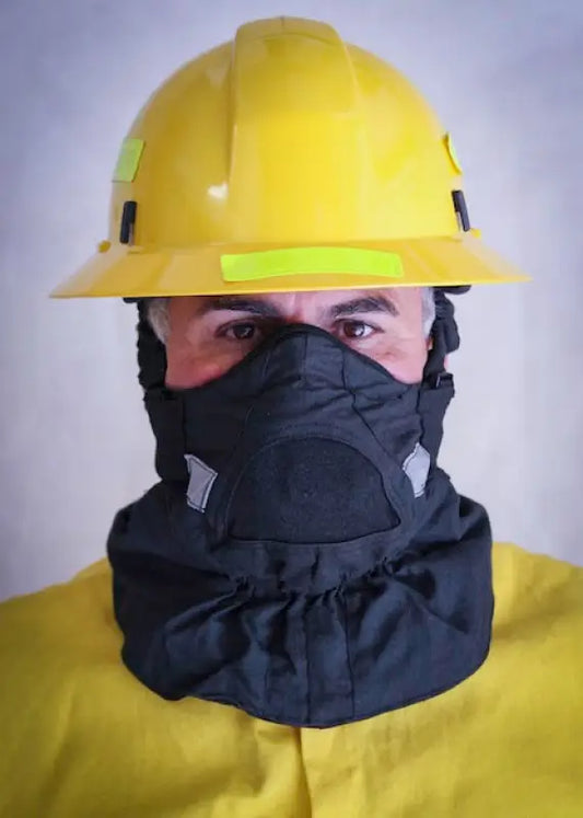 Firefighter in protective gear wearing Hot Shield® HS-2 Wildland Firefighter Face Mask for ash particulate protection