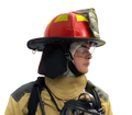 Firefighter in protective gear wearing Pacific F18 traditional style structural firefighting helmet