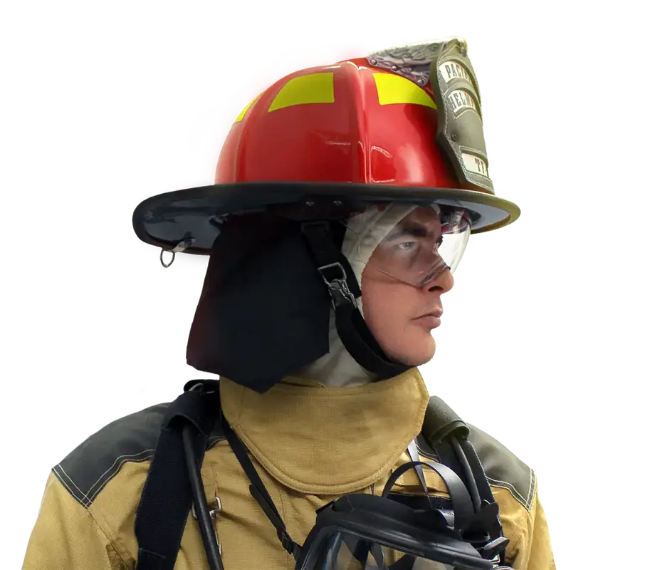 Firefighter in protective gear wearing Pacific F18 traditional style structural firefighting helmet