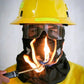 Firefighter in protective gear with flames showcasing Hot Shield® HS-2 Wildland Firefighter Face Mask for ash particulate protection