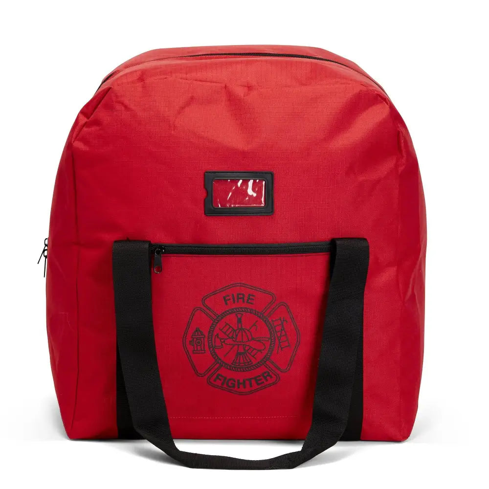 Red firefighter rescue step-in turnout gear bag with black straps and logo