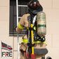 Firefighter in tan turnout gear using Irons Shoulder Strap with forcible entry tools on ladder