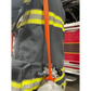 Firefighter turnout gear with reflective stripes and orange strap for SCBA bottle carrying