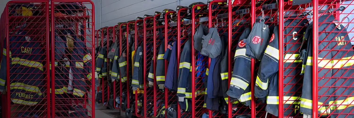 Firefighter turnout gear and uniforms hanging neatly in red lockers.