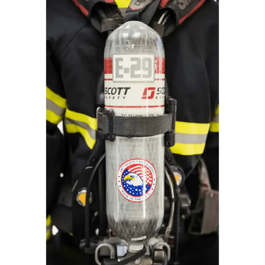 Firefighter’s SCBA cylinder decal featuring American flag emblem and Scott branding