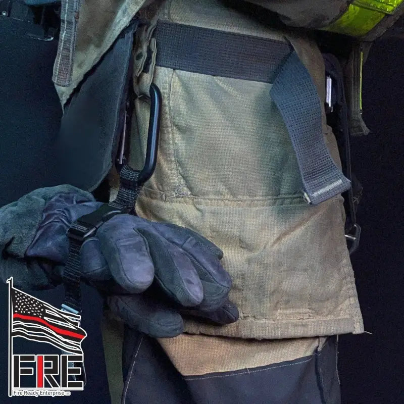 Firefighter turnout gear with gloves and Thin Red Line Flag on SMC Black Carabiner