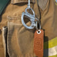 Firefighter’s tan jacket with 50mm quick release clip and JOBTOWN keychain accessory