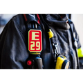 Firefighter uniform patch with E29 in red on IdentiFire SCBA Accountability Shoulder Strap