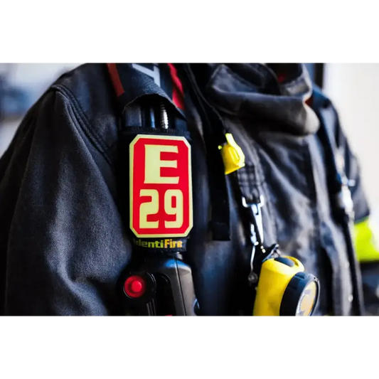 Firefighter uniform patch with E29 in red on IdentiFire SCBA Accountability Shoulder Strap