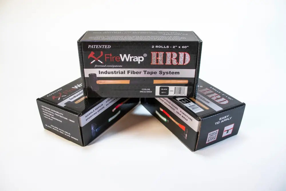 Three black retail boxes of FireWrap HRD with glow green reflective fiber tape kit sold