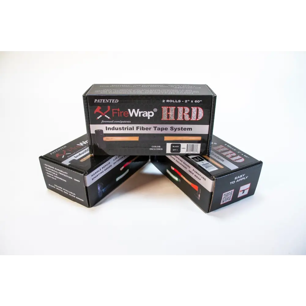 Three black retail boxes of FireWrap HRD with glow green reflective fiber tape kit sold