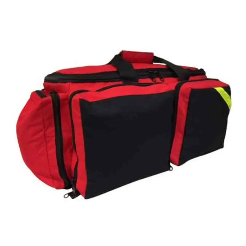 Red and black deluxe medical oxygen bag with compartments, straps, and yellow trim