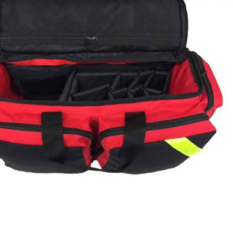 Red and black deluxe medical oxygen bag with compartments and shoulder straps