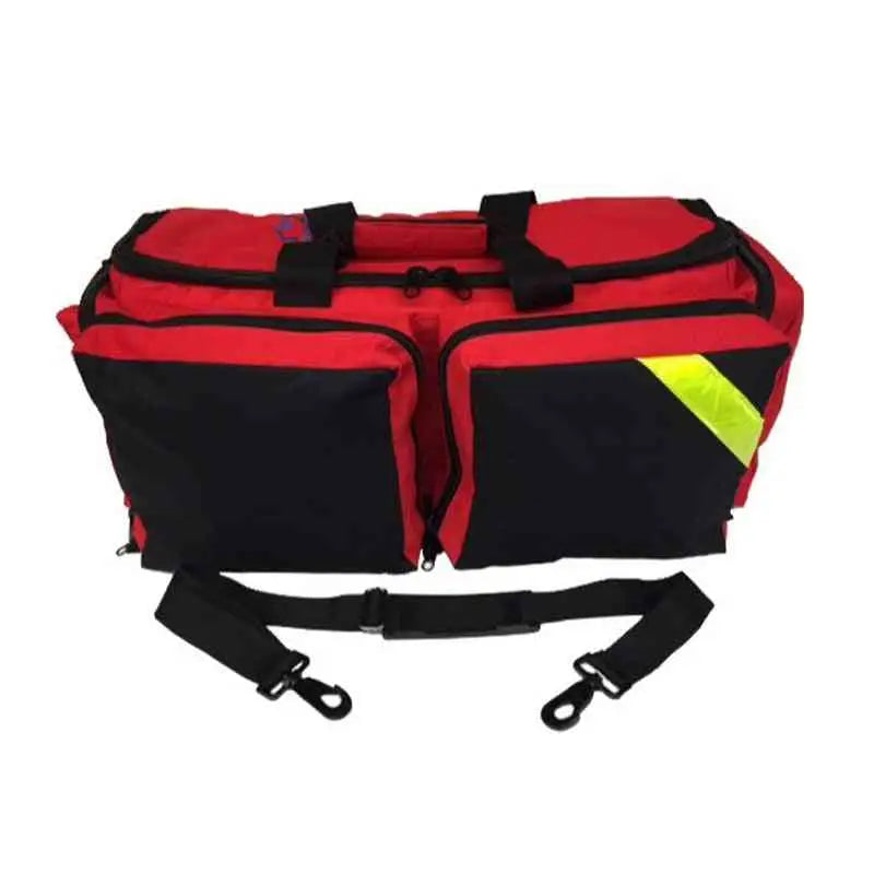 Red and black deluxe medical oxygen bag with reflective stripe and multiple compartments