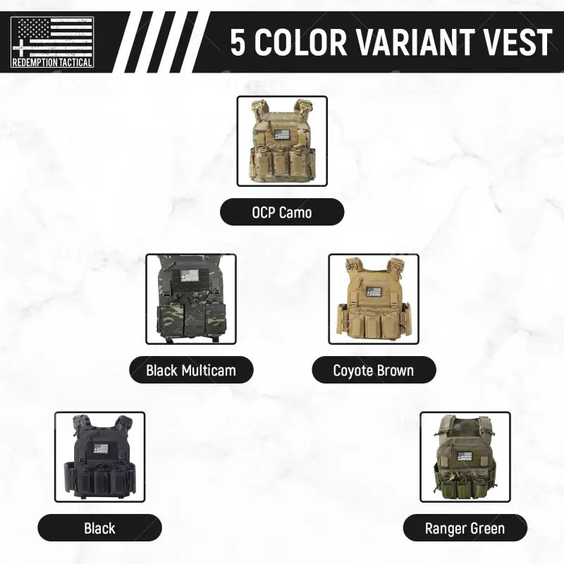 Five color variants of CRUSADER 2.0 Body Armor Tactical Vest by Redemption Tactical in large size