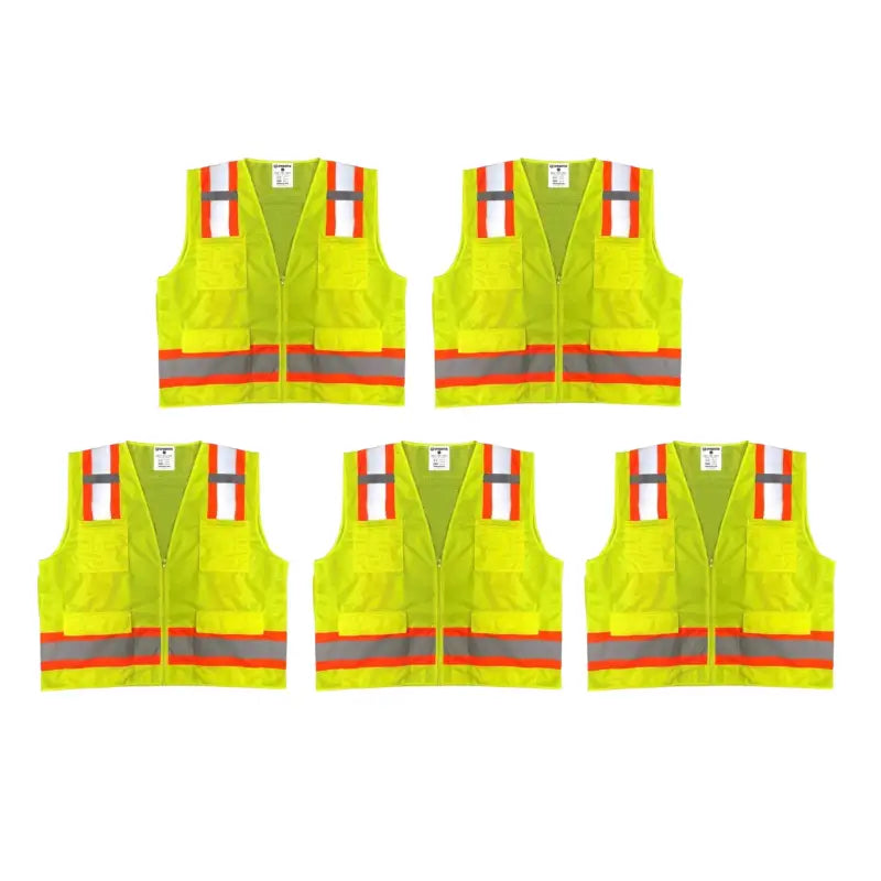 Five Safety Main Hi-Vis Yellow Surveyor Vests with reflective stripes, mesh back