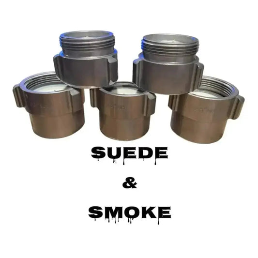 Five metallic threaded canisters with Suede & Smoke text for Smoke Coupling Candle