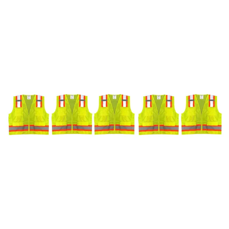 Five Safety Main Hi-Vis Yellow Surveyor Vests with reflective stripes in a row