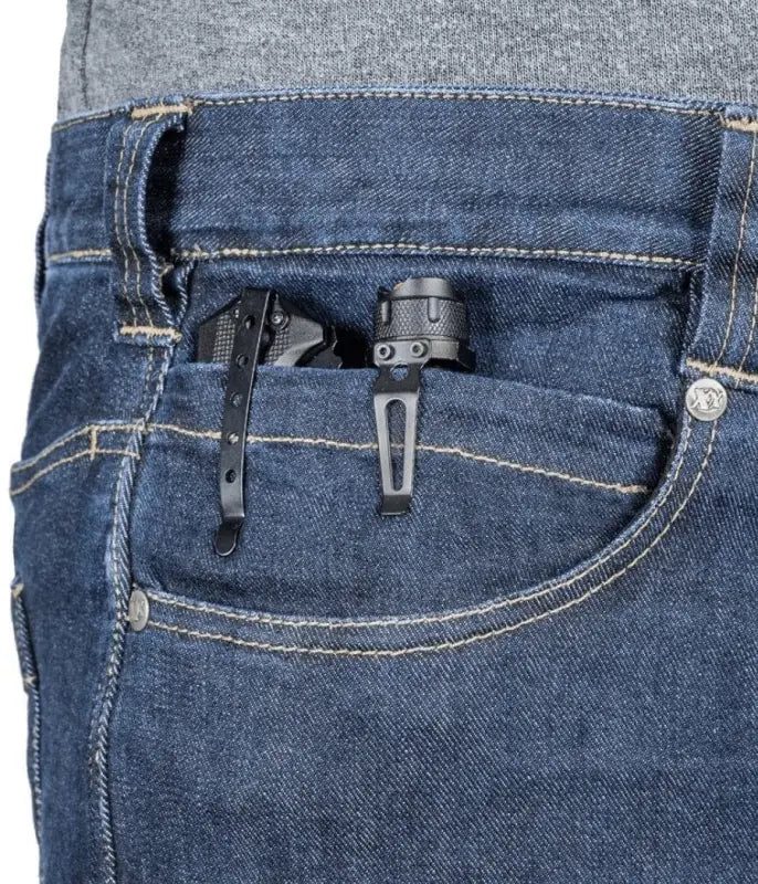 Flashlight in pocket of Asset Tactical Jeans demonstrating functionality of tactical pants