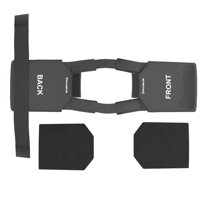 Flat black cardboard template labeled BACK and FRONT for ProtectVest L3 10’’x12’’ Level III Bulletproof Vest