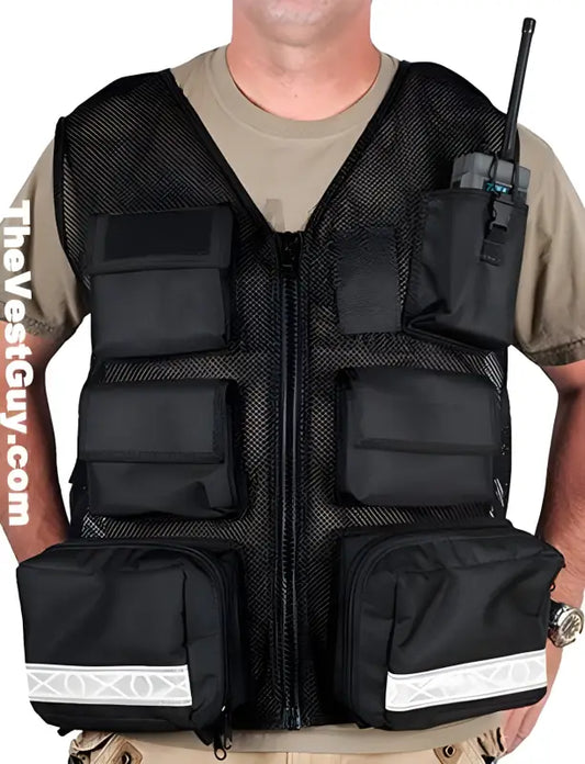 Black tactical vest for flight medics with multiple pockets and reflective strips