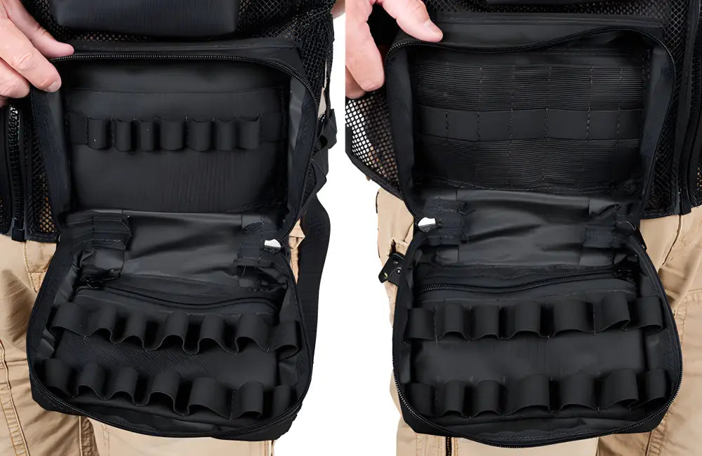 Black tactical backpack compartments with elastic loops for Flight Medic Vest organization