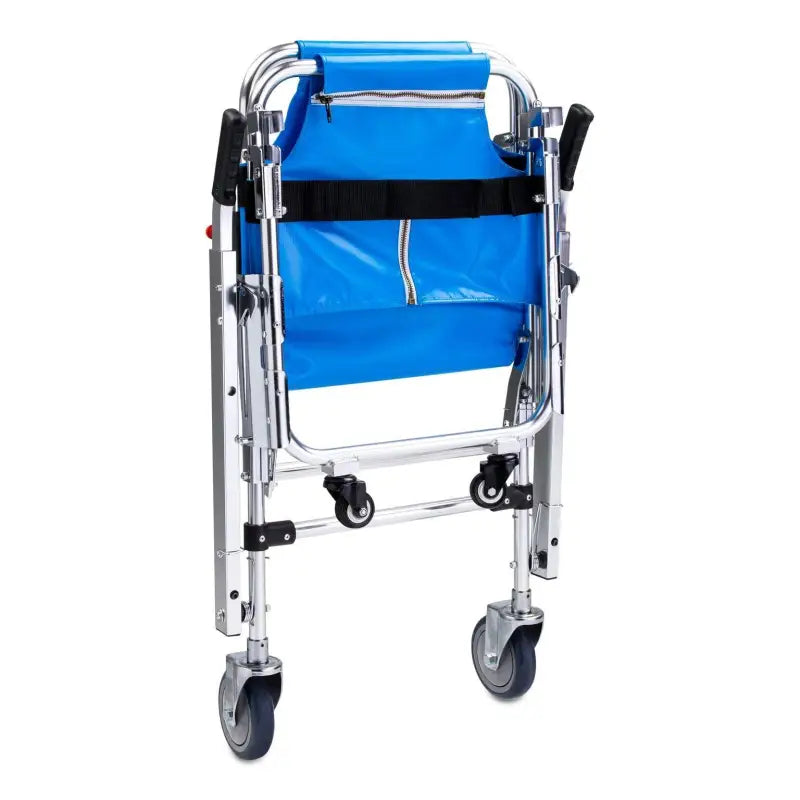 Folded blue transport wheelchair for LINE2design USA EMS Stair Chair with straps and handles