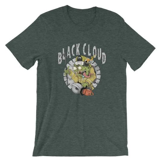 Forest green Black Cloud Monster t-shirt with cartoon design and text