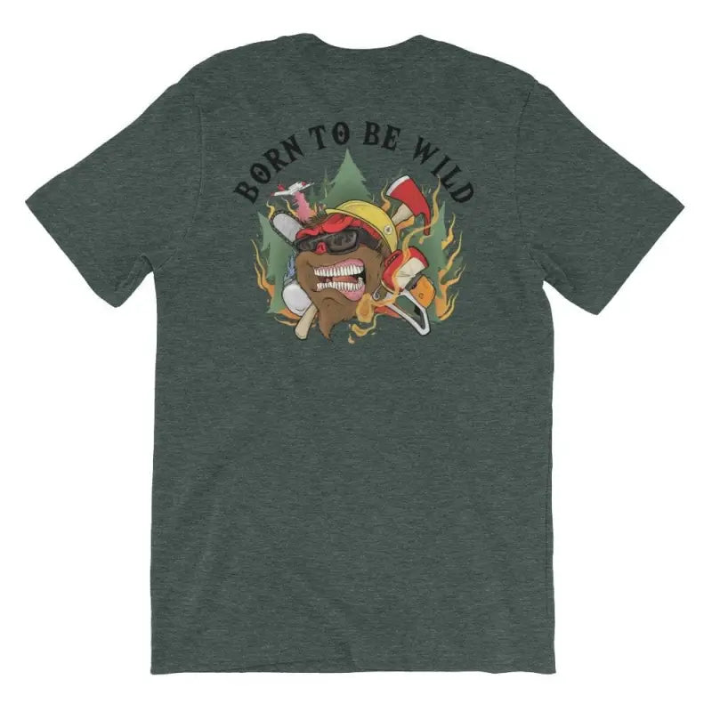 Forest green t-shirt with Born to be Wild text and cartoon camping design on back