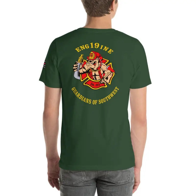 Forest green t-shirt with firefighter emblem and ENG191NE text, perfect for Engine 19 fans