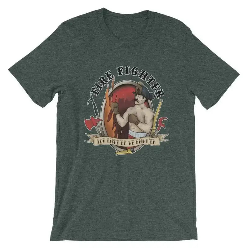 Forest green t-shirt with vintage boxing graphic design You Light’em We Fight’em