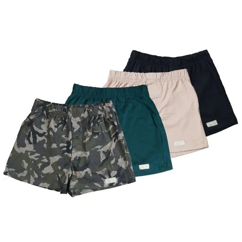 Four Jungle Camo Boxer Shorts in camouflage, green, beige, and black for men