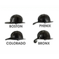 Four black equestrian riding helmets labeled Boston, Phenix, Colorado, and Bronx featuring the Phenix TL2 Leather Helmet Ratchet Suspension