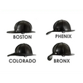 Four black equestrian riding helmets labeled Boston, Phenix, Colorado, and Bronx featuring the Phenix TL2 Leather Helmet Ratchet Suspension