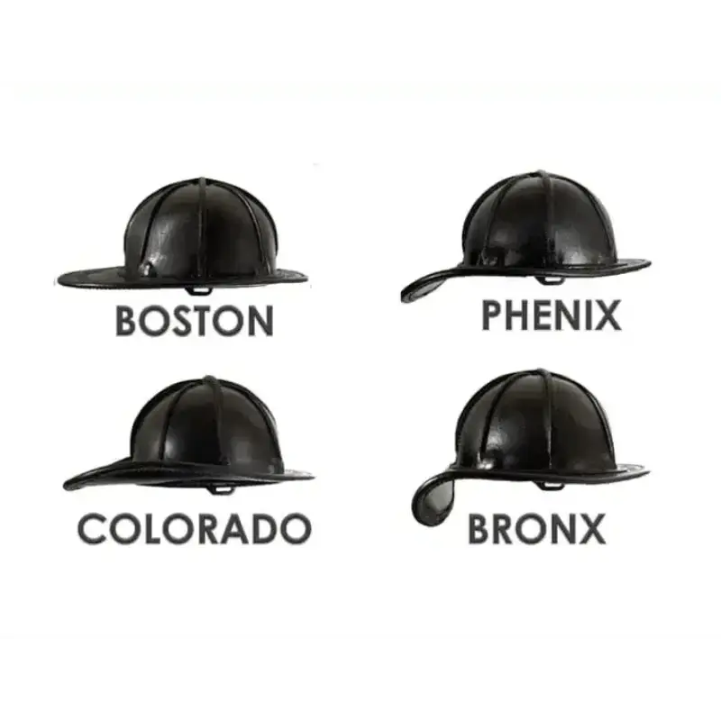 Four black equestrian riding helmets labeled Boston, Phenix, Colorado, and Bronx featuring the Phenix TL2 Leather Helmet Ratchet Suspension