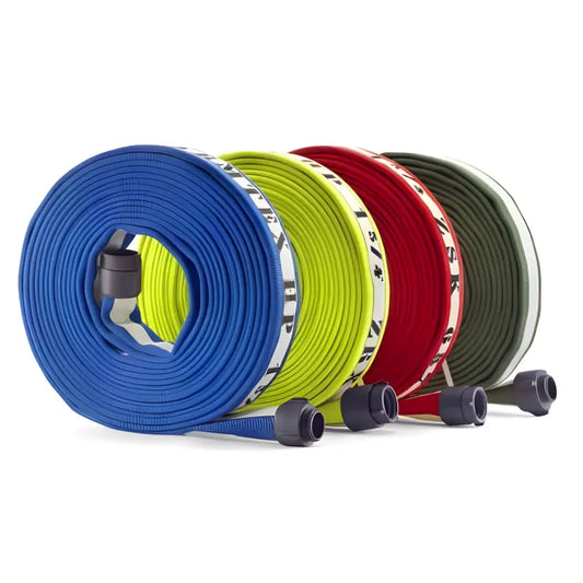 Four coiled flat water hoses in blue, green, red, and dark green for Armtex HP Structural Firefighting