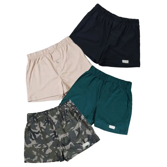 Four pairs of Jungle Camo Boxer Shorts in black, beige, green, and camouflage patterns