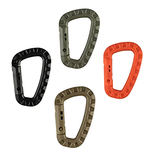 Four Polymer D-Ring Carabiners in Black, Green, Tan, and Orange Colors