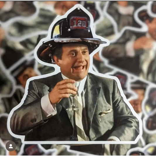 Person in firefighter helmet and suit jacket holding drink with Funny How Sticker